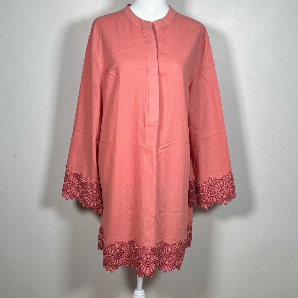 Anne Klein Linen Blend Tunic  Coral Long Sleeve Pullover Embroidered Size L